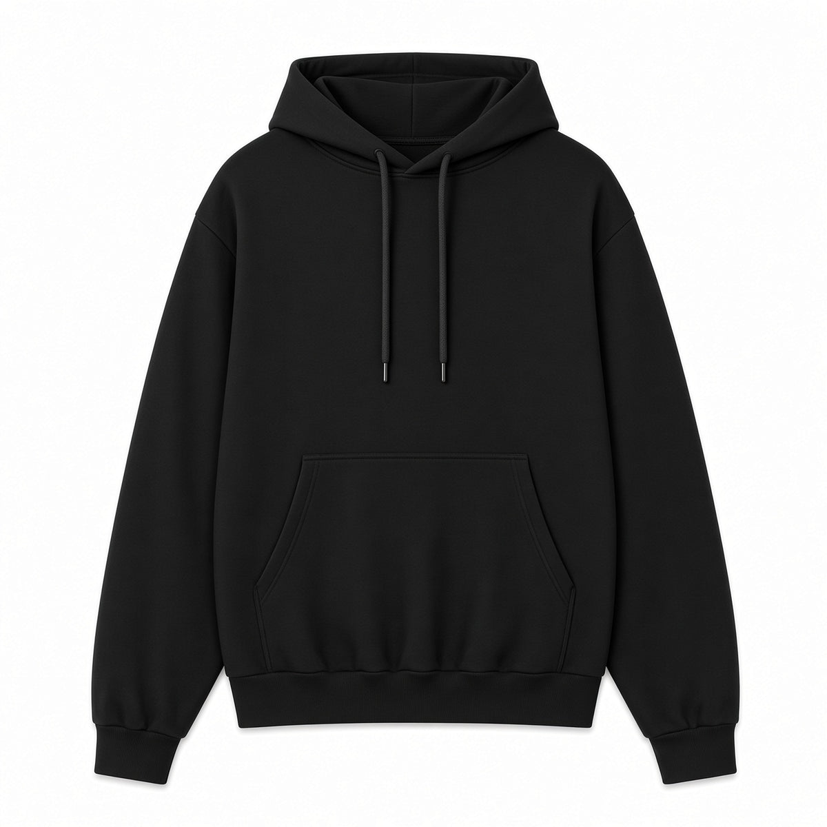 Black heavyweight brushed fleece hoodie, front